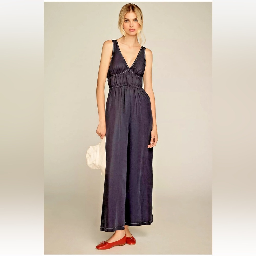 ANTHROPOLOGIE SANCIA ODA‎ V-NECK HALTER JUMPSUIT ROMPER NAVY BLUE SMALL